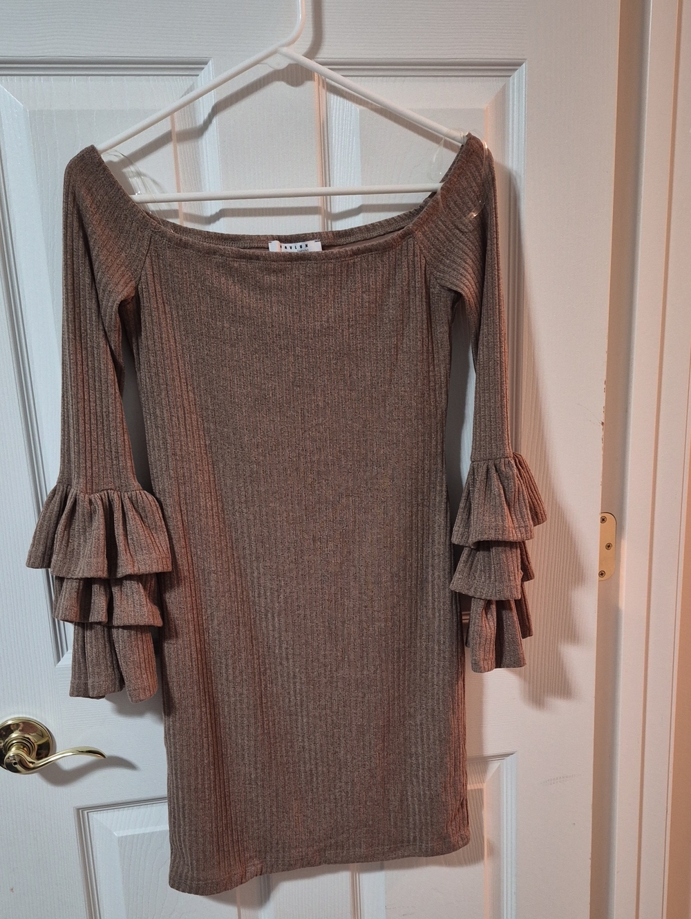 FAVLUX Taupe Ribbed Off-Shoulder Dress with Tiered Ruffle Sleeves
